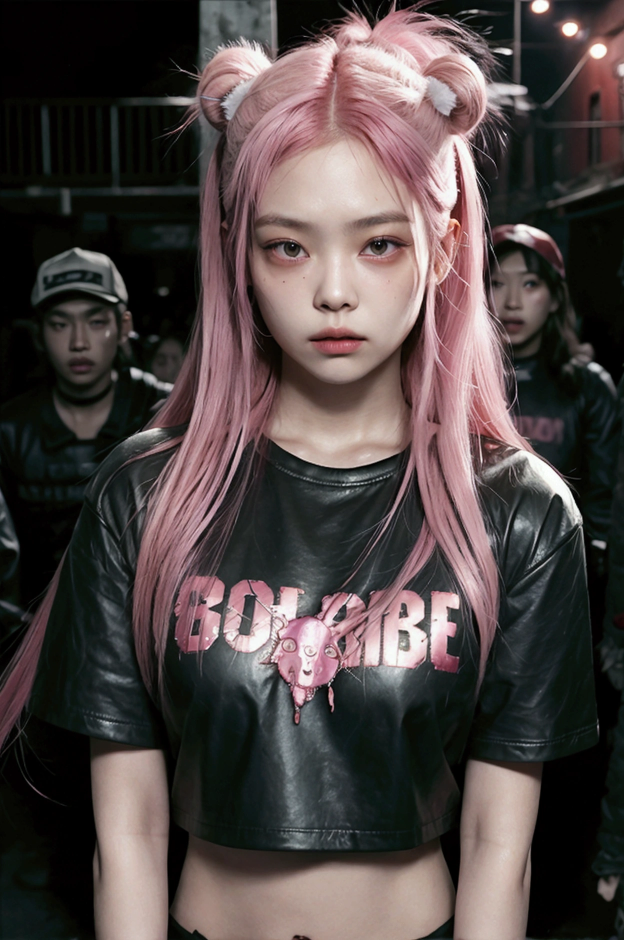score_9, score_8_above, score_7_above, Photo, women, young age 18 years, pink fur, long haircut,pink hair, pink hair t shirt route, blood, mucha blood, Blood,dirty t-shirt, standing in a crowd of zombis, looking at the viewer, after the apocalypse, zombis, gloomy Photo