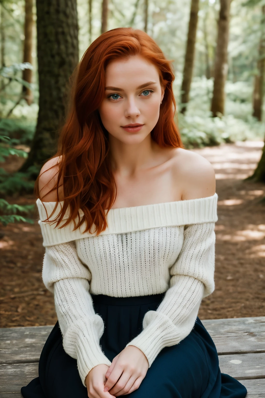 ((best quality)), ((masterpiece)), (detailed), 1girl, off-shoulder sweater,  The most attractive beauty in the world, red hair with ocean blue eyes and wearing a black dress and sitting on the picnic area surrounded by the natural beauty of the forest -- yes cinema quality realistic 1.30 soft very high quality 8k