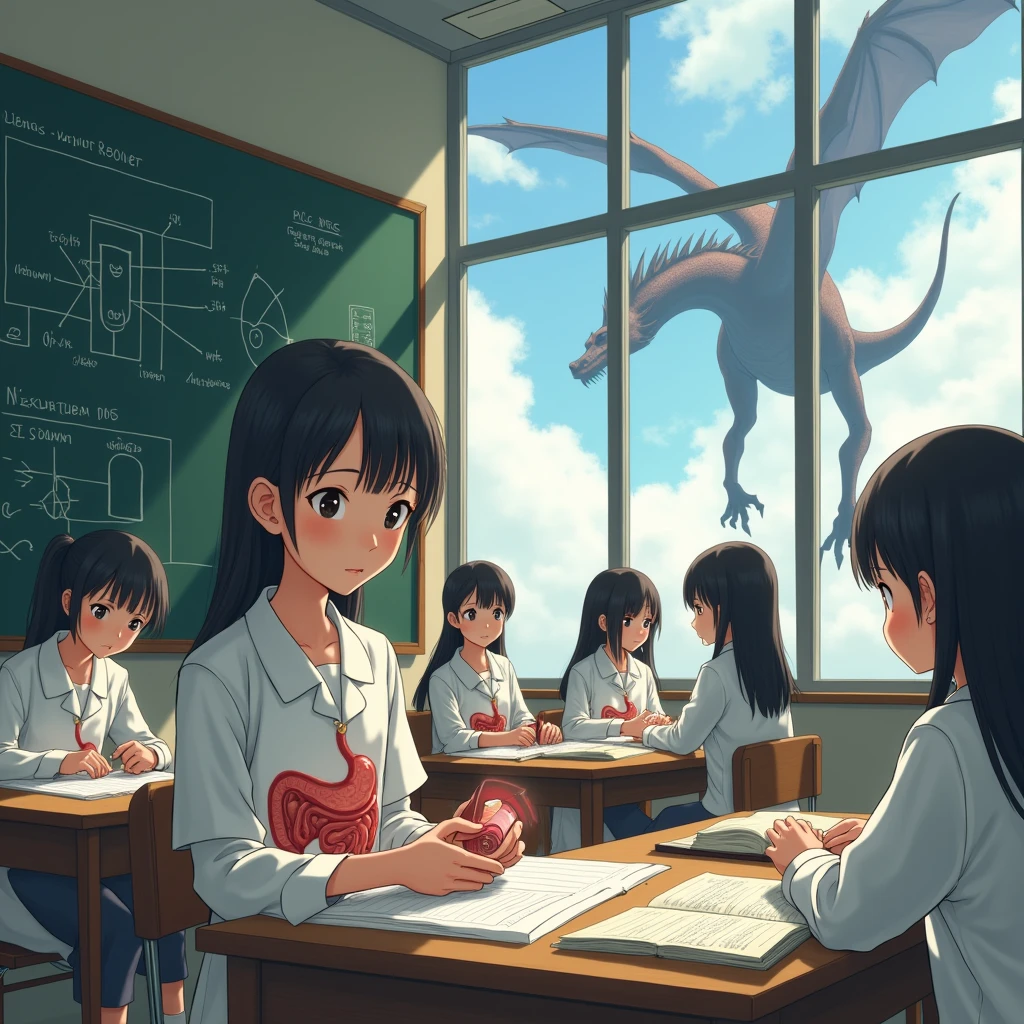 A Japanese girl is in a classroom. She is studying the digestive system. :: There are 5 more female students. :: The board has a picture of the stomach. :: There is a model of a stomach on the table. :: She looked out the window. :: There is a four-legged dragon with a big black belly in the sky.