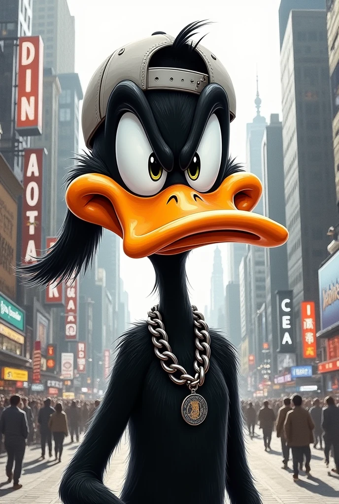 Daffy Duck complete realistic urban drawing with backwards cap and chain