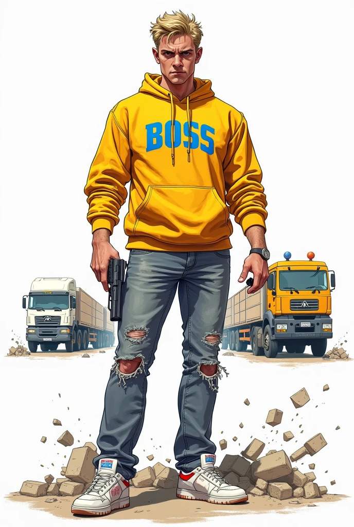 Create a comic book style drawing, bright coloured, high qualiy, a 37 year old white male, 80 kilos, Italian descent, youthful appearance but very serious, a leader, stark, medium size, blond short hair, yellow sweatshirt with blue details that says BOSS, gray jeans with small rips, white sneakers with red details, holding a revolver, Apocalypse theme, drawing with perspective, Action scene, truck in the background, white background, fully body