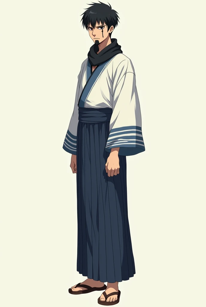 ((Artwork)), (Anime style), (8K), (man), (alone), short black hair, blind, with a vertical cut scar on his face, big nose, with a black goatee, thick eyebrows, wearing a white kimono with blue stripes, wearing a black scarf, wearing wooden sandals, serious look.