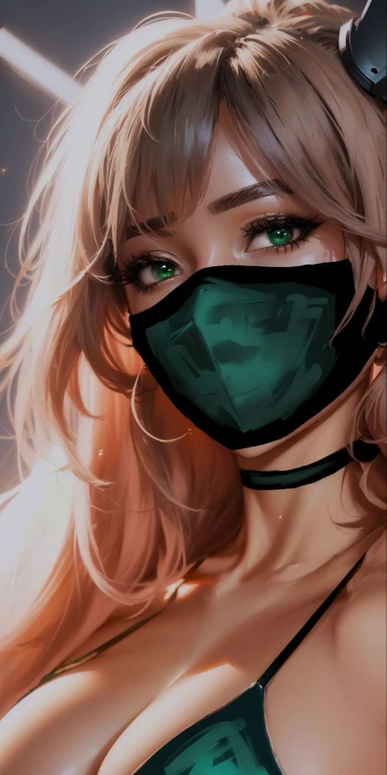 there is a woman wearing a mask and a green bra, painted in anime painter studio, made with anime painter studio, low detailed. digital painting, # 1 digital painting of all time, #1 digital painting of all time, realistic artstyle, unknown artstyle, 🤤 girl portrait, 8k digital painting, inspired by rossdraws