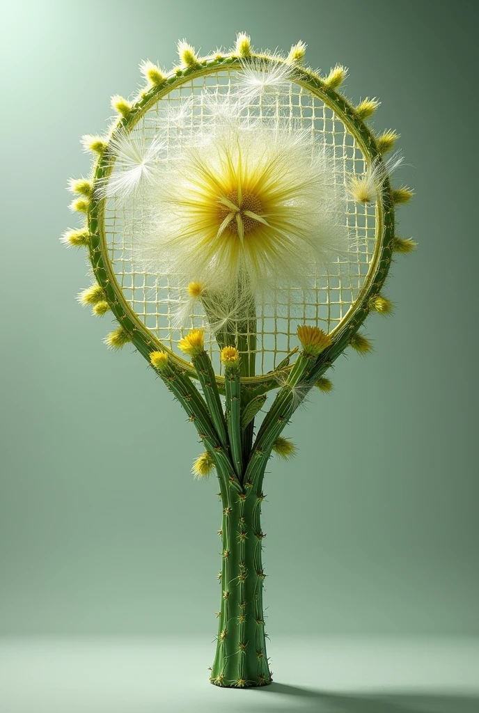 Create a tennis racket using bio technology the elements I want you to use are, cacti and the dandelion flower, the racket frame should be made of cacti and the net of white dandelion flowers with yellowish undertones, I don't want the big cactus spines just use the structure,make a support on the cable to protect your hands