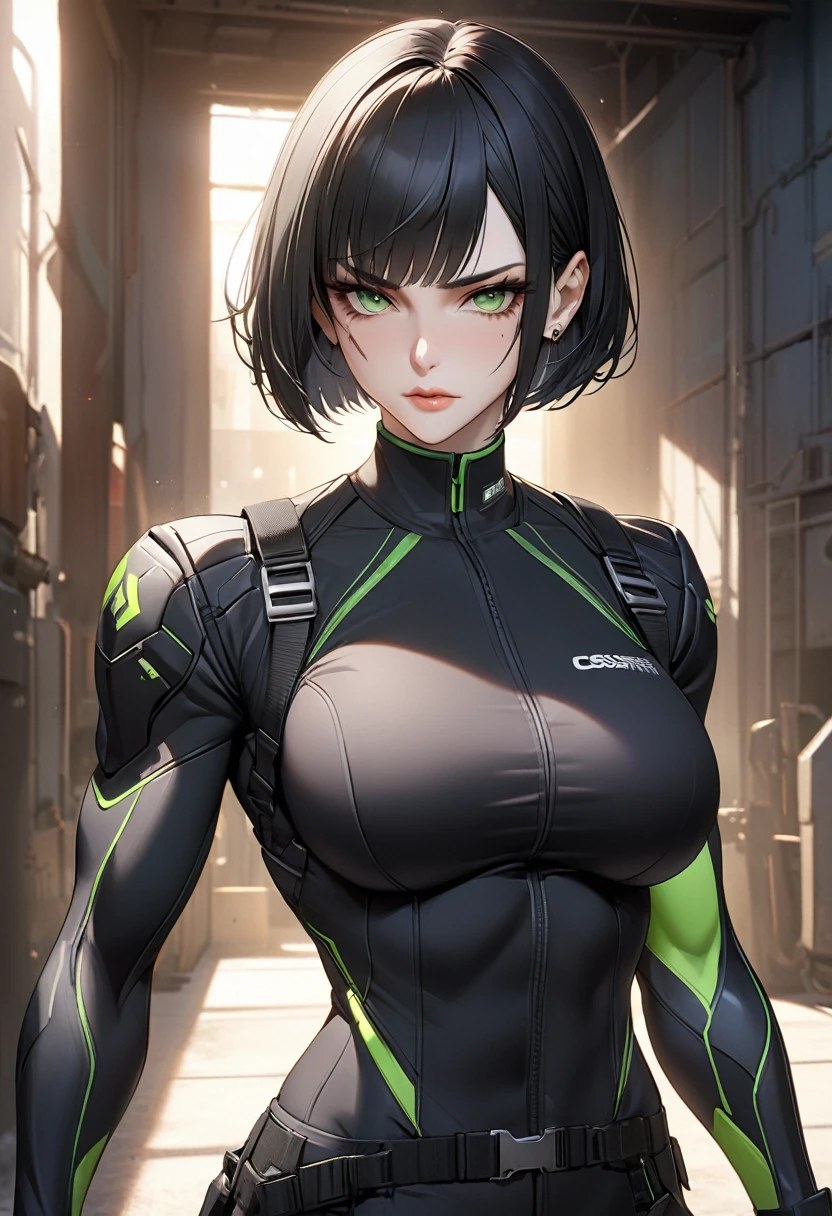 ((best quality)), ((artwork)), ((extremely detailed face)), ((perfect lighting)), ((extremely detailed CG)), ((perfect hands, perfect anatomy)) Appearance= Pale skin, tall, elegant, busty, athletic, toned, striking features, high cheekbones, straight nose, thin lips, firm chin, thin scar over brow; piercing green eyes; straight black hair, bob cut
Personality= Stubborn, direct, obstinate
Occupation= Contractor
Clothing= Black tatical uniform