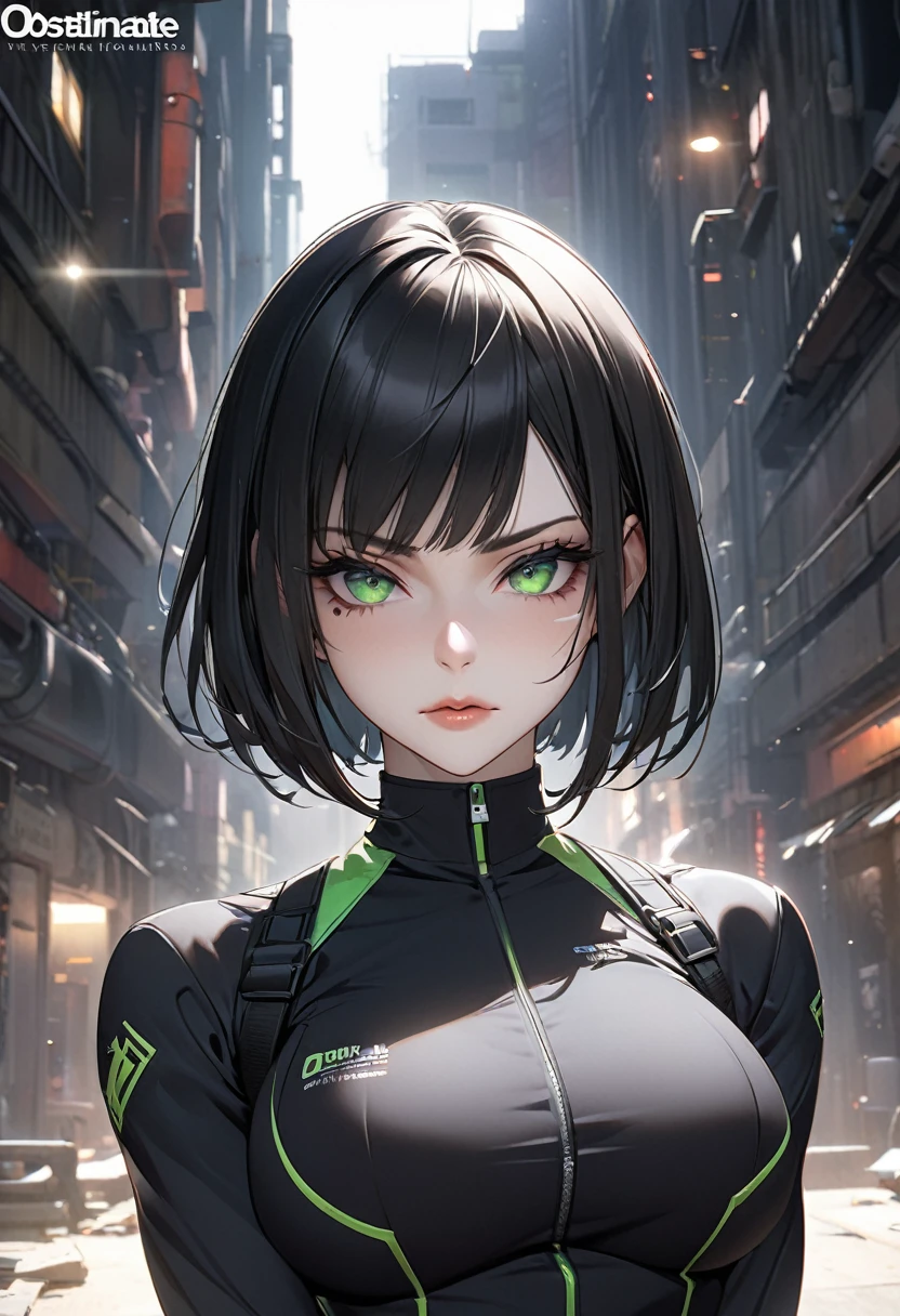 ((best quality)), ((artwork)), ((extremely detailed face)), ((perfect lighting)), ((extremely detailed CG)), ((perfect hands, perfect anatomy)) Appearance= Pale skin, tall, elegant, busty, athletic, toned, striking features, high cheekbones, straight nose, thin lips, firm chin, thin scar over brow; piercing green eyes; straight black hair, bob cut
Personality= Stubborn, direct, obstinate
Occupation= Contractor
Clothing= Black tatical uniform