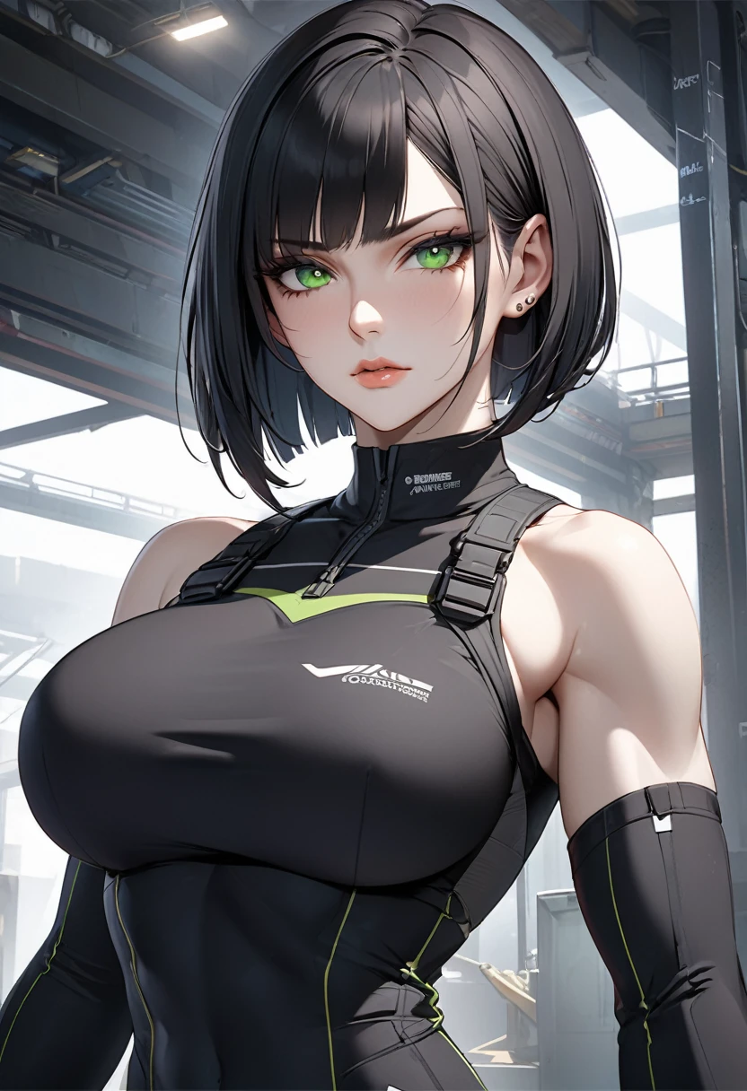 ((best quality)), ((artwork)), ((extremely detailed face)), ((perfect lighting)), ((extremely detailed CG)), ((perfect hands, perfect anatomy)) Appearance= Pale skin, tall, elegant, busty, athletic, toned, striking features, high cheekbones, straight nose, thin lips, firm chin, thin scar over brow; piercing green eyes; straight black hair, bob cut
Personality= Stubborn, direct, obstinate
Occupation= Contractor
Clothing= Black tatical uniform