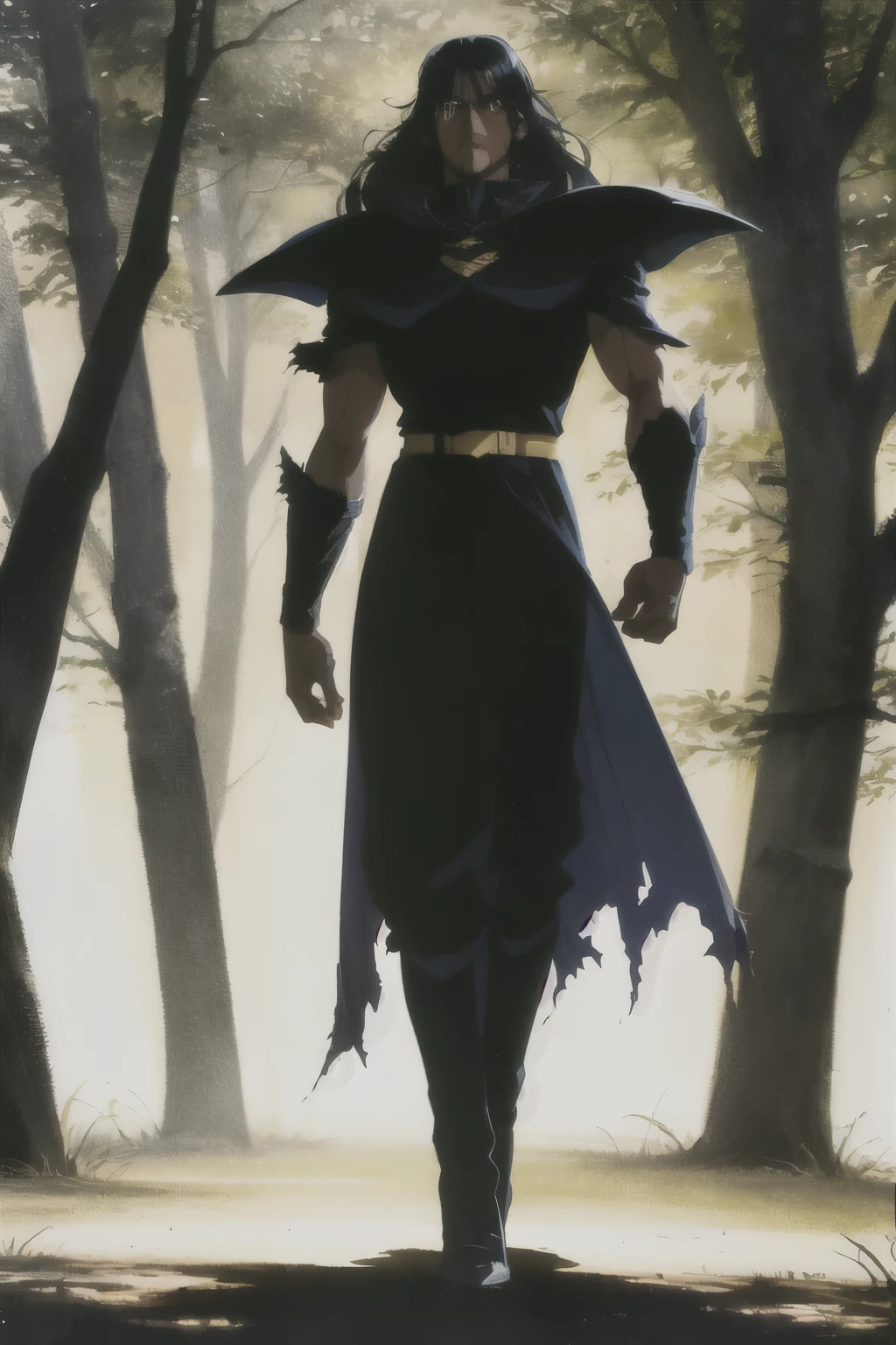 1 Dark-skinned man with yellow eyes, black long hair wearing black armor with black bearskins on his shoulders and a torn cape, walking in a shadowy forest with a red sword in his hand 1980s \(style\), full body, (Highest quality,Ultra-high resolution)