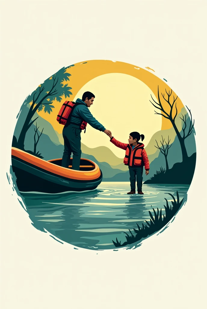 a volunteer team logo, helping theme, vector style, cercle, a volunteer help to a flood victim from boat, theme colour should be yellow and green texture, super hd quality