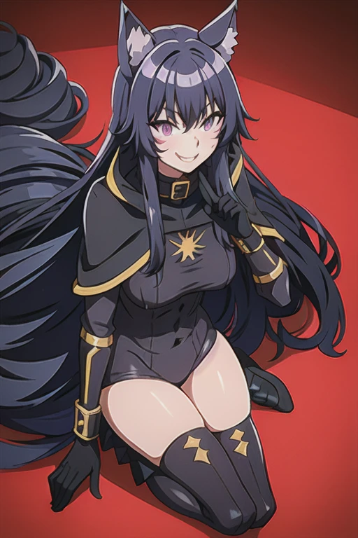 bodysuit, black bodysuit, delta, long hair, black hair, animal ears, purple eyes, cat ears, animal ear fluff, fluff tail, facial mark,smile, cloak, cape