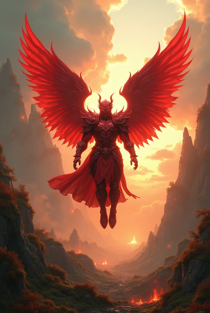 absurd resolution, High resolution, (masterpiece: 1.4), hyper-detail, and moss, red armor with red wings, floating flight in the sky (1.8) the background is wild, fire