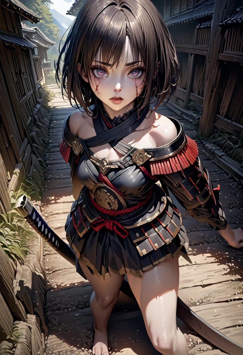 (nsfw1.5),(8k, Highest quality, masterpiece:1.2), (Realistic:1.4), RAW Photos, Highest quality, Ultra-high resolution, Best Shadow, (whole body:1.4), Short-haired female, Japanese Armor, Samurai sword, Large and amazing environment, Horror, dark Horror, Highly detailed facial features, Beautiful and perfect face, Perfect Eyes