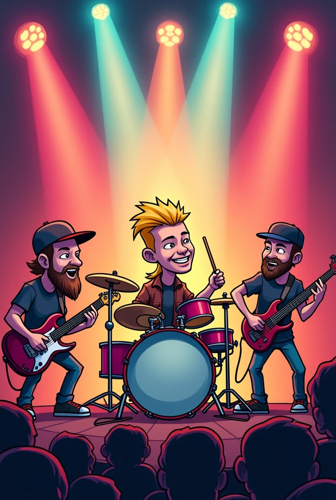 Draw in a cartoon way a music band during a concert with a drummer playing the drums in the middle with a short blond mullet, a guitarist on the left with shaved hair under a cap and a two days old beard, and a bass' musician on the left with shaved hair and a cap and a beard.