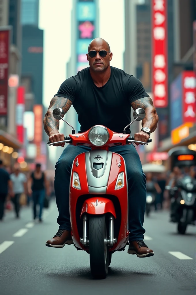 Dwayne Johnson riding a moped 