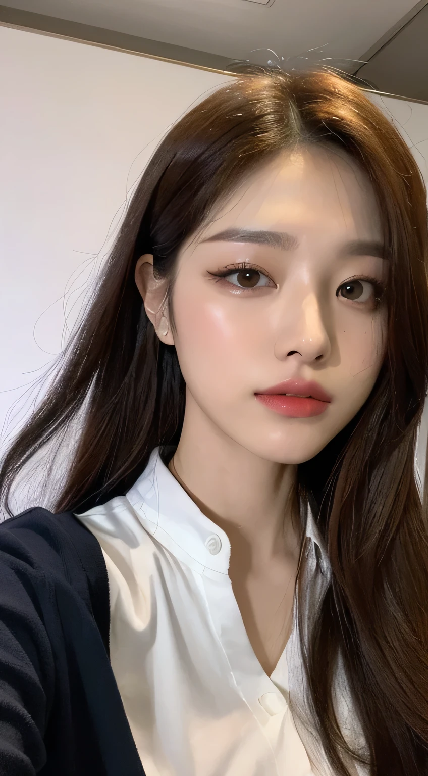 A Seoul, corps entier Realist, best quality, head of'artwork, ultra haute résolution, 8k, RAW, HD, 4K, Realist, reel, (photo realistic:1.4), Physics-based rendering, depth of field, regarder les spectateurs, mince, (Session:1.1), in the bedroom, beautiful detailed face, 1 fille, Mignon, young, nose blush, grands yeux noirs, bouche fermer, smalll breasts, Brown hair, long straight hair, no bangs, front not hidden by hair, BOUCHE FERMER, detailed clothing, (pyjamas:1.3)