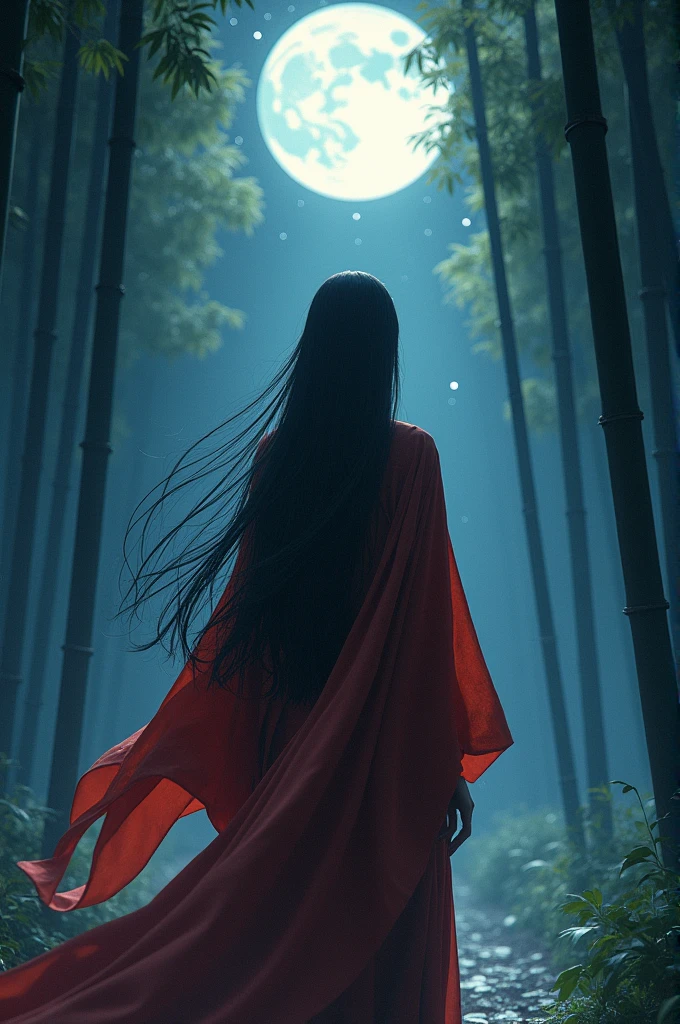 lndia of Kaguya, (heian red:1.1) japanese clothes, wide sleeves, red (karaginumo:1.1), layered kimono, 1girl, solo, black hair (hime cut:1.2) very long hair spread out, (standing, frombehind), beautifully, aesthetic, wide shot, cinematic lighting, ultra wide angle, moonlight, starry sky, bamboo forest  Make the front panel Her face should be visible