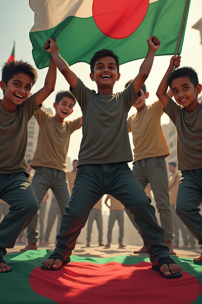 A few boys holding the Bangladesh flag are pushing the Indian flag under their feet