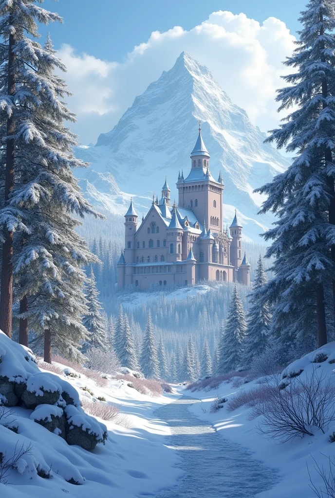 a kingdom of snow, shown from afar, a little above it is big, There are many trees covered in snow and a mountain in the distance, with a castle behind her
