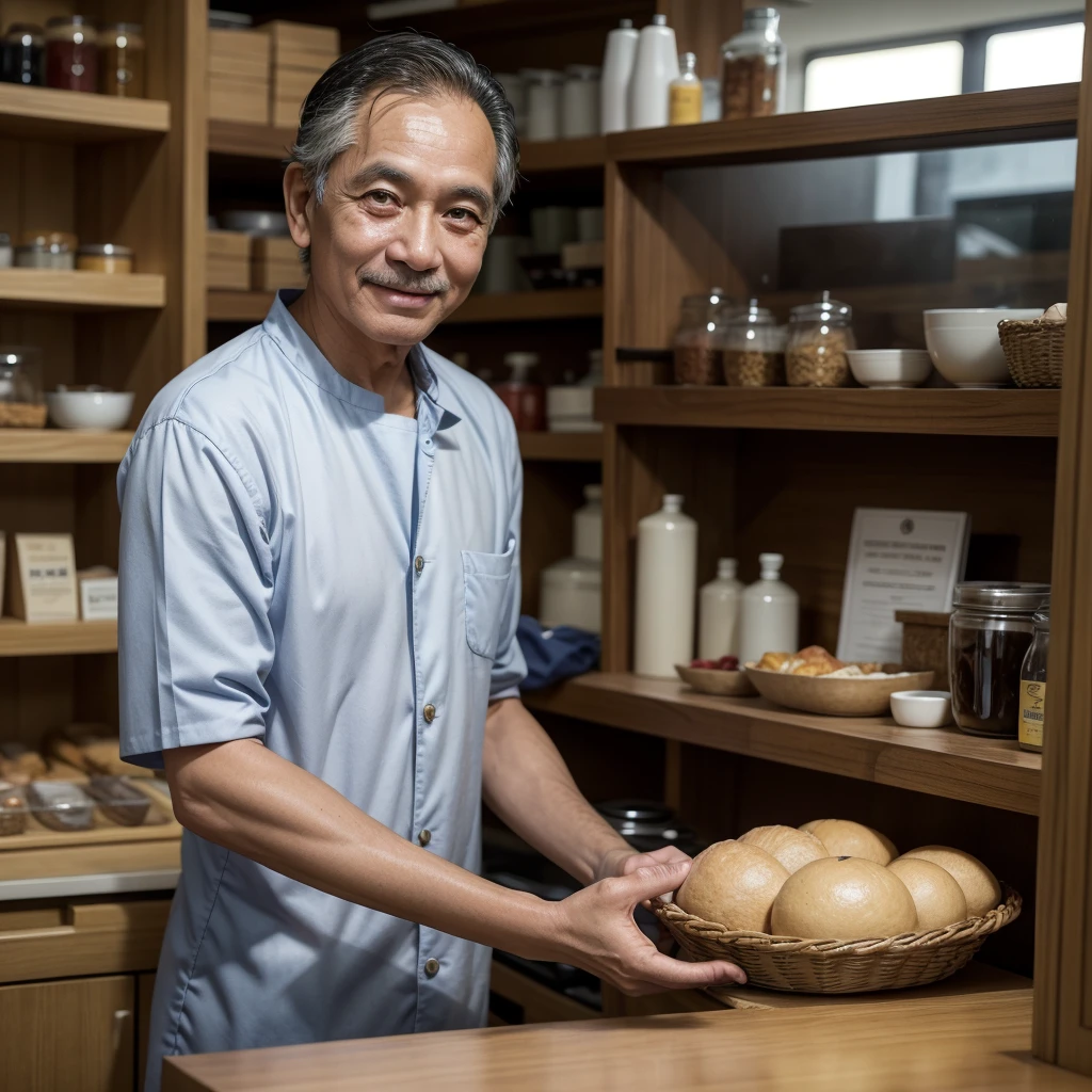 Behind the counter, a middle aged man, of gentle and meticulous appearance, welcomes them with a courteous smile. He wears simple clothes, mas bem cuidada, and his eyes shine with the kind of wisdom that only comes with years of experience in his craft.