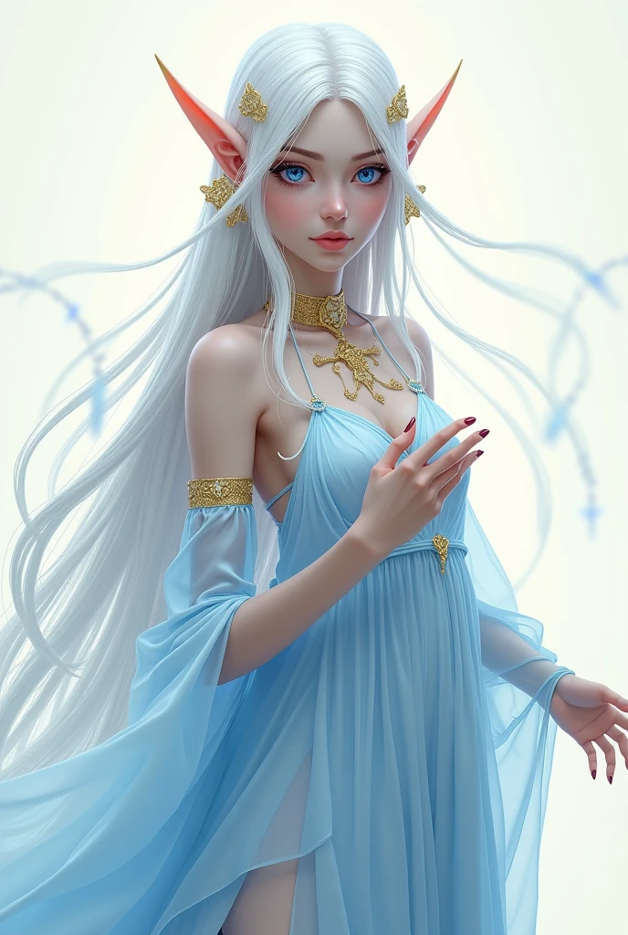 digital art, with few lines, few strokes, ART 2.5d

a figure with an elven appearance, beautiful and majestic. Her white hair is long over her shoulders, her eyes are blue, and she is dressed in a delicate blue dress 
golden accessories on the body and hair, charming elf, face well focused, golden hair ornaments, white veil 
visible hands, mage pose