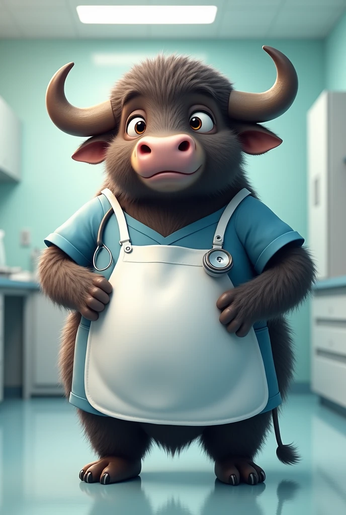 A buffalo with stethoscope, bearing white and blue apron . Fatty and cute appearance.





