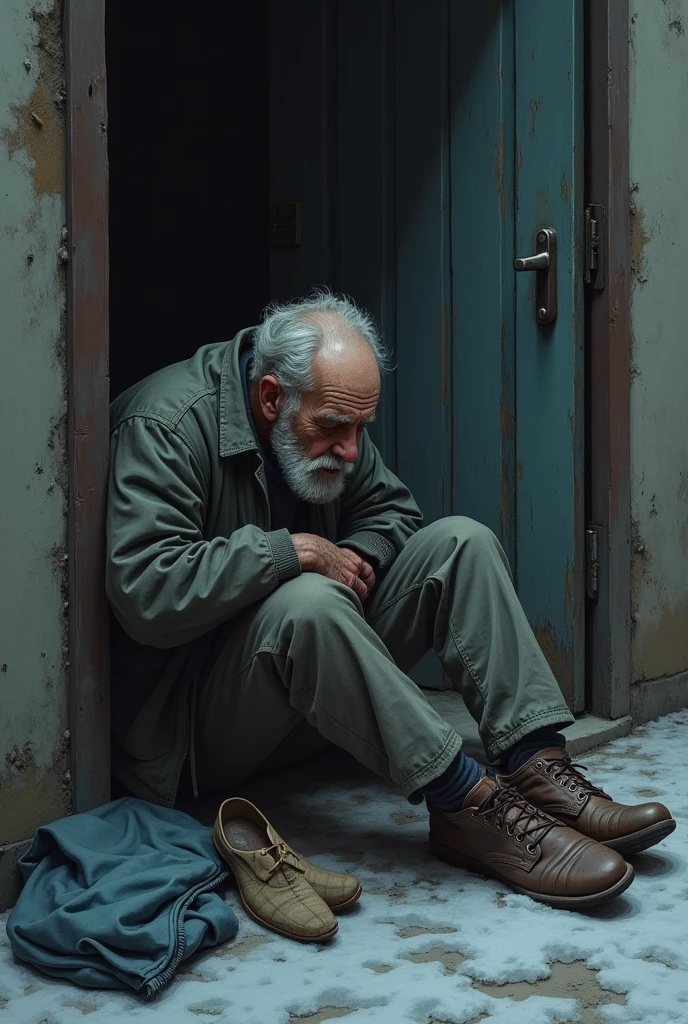 Mr. John is an elderly man in his late 70s, with a frail, thin frame. His face is weathered from years of hardship, with deep lines etched into his skin. He wears tattered clothes—an old jacket with holes, thin pants, and worn-out shoes. His beard is scruffy, and his hair is unkempt, showing the signs of living a difficult life on the streets. Mr. John outside his gate had succumbed to the cold and sleep on the ground