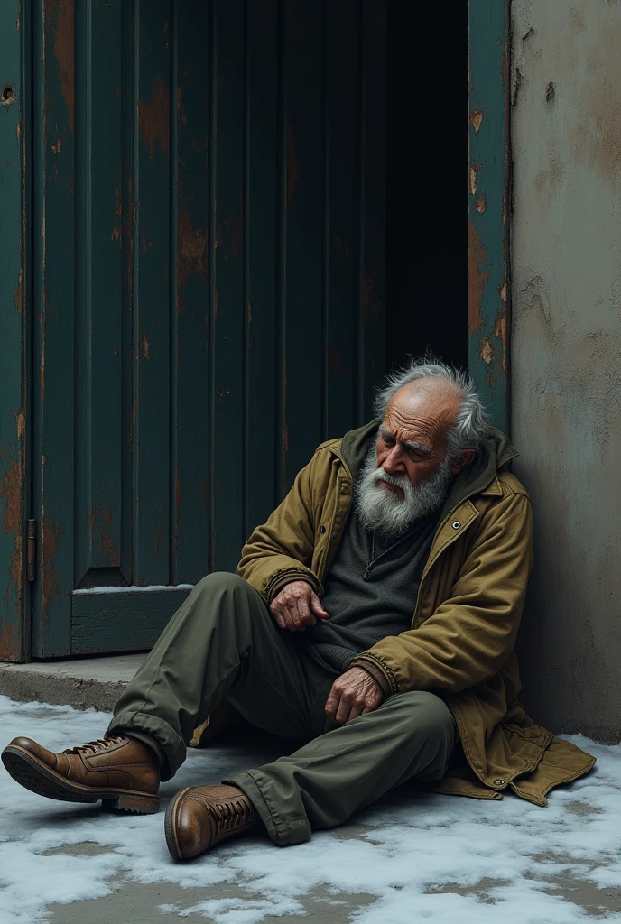 Mr. John is an elderly man in his late 70s, with a frail, thin frame. His face is weathered from years of hardship, with deep lines etched into his skin. He wears tattered clothes—an old jacket with holes, thin pants, and worn-out shoes. His beard is scruffy, and his hair is unkempt, showing the signs of living a difficult life on the streets. Mr. John outside his gate had succumbed to the cold and sleep on the ground