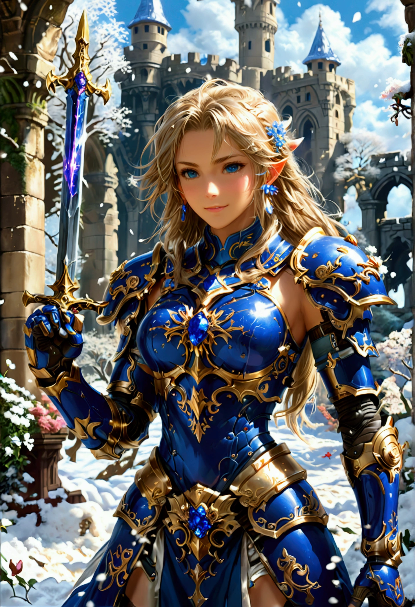 Lenneth from 'Valkyrie profile', BREAK: bright_gold_trimmed_sapphire_blue_plate mech_armor, (damaged chest armor exposing skin:1.3), glowing sword raised in victory, thigh cutout, long skirt, BREAK: standing, contrapposto stance, light smile, magical castle ruins, fluffy snow and flower petals fall, BREAK: detailed face, detailed hands, (16k, absurdres, masterpiece, best quality), fantasysword, wings