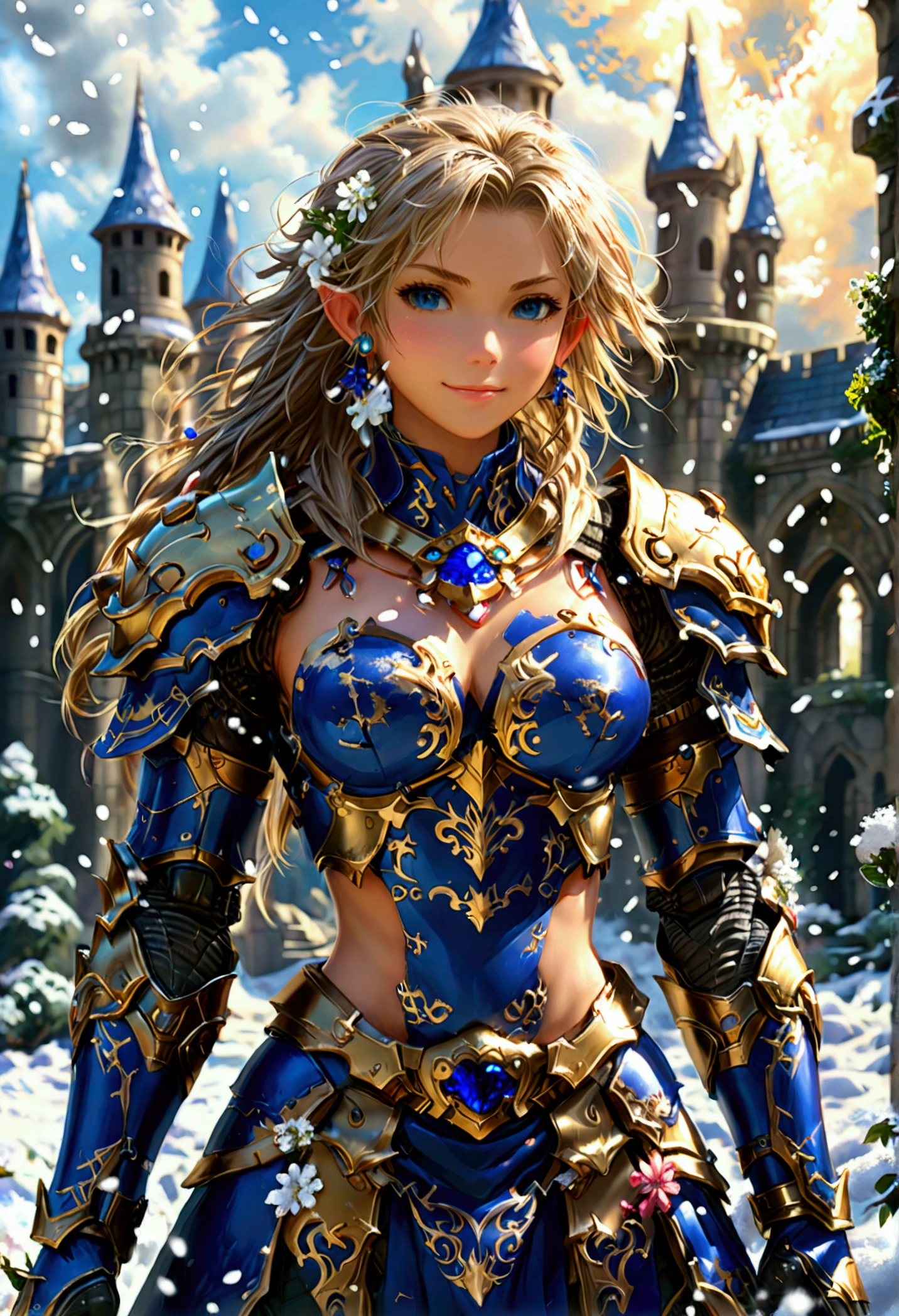 Lenneth from 'Valkyrie profile', BREAK: bright_gold_trimmed_sapphire_blue_plate mech_armor, (damaged chest armor exposing skin:1.3), glowing sword raised in victory, thigh cutout, long skirt, BREAK: standing, contrapposto stance, light smile, magical castle ruins, fluffy snow and flower petals fall, BREAK: detailed face, detailed hands, (16k, absurdres, masterpiece, best quality),  fantasysword, wings