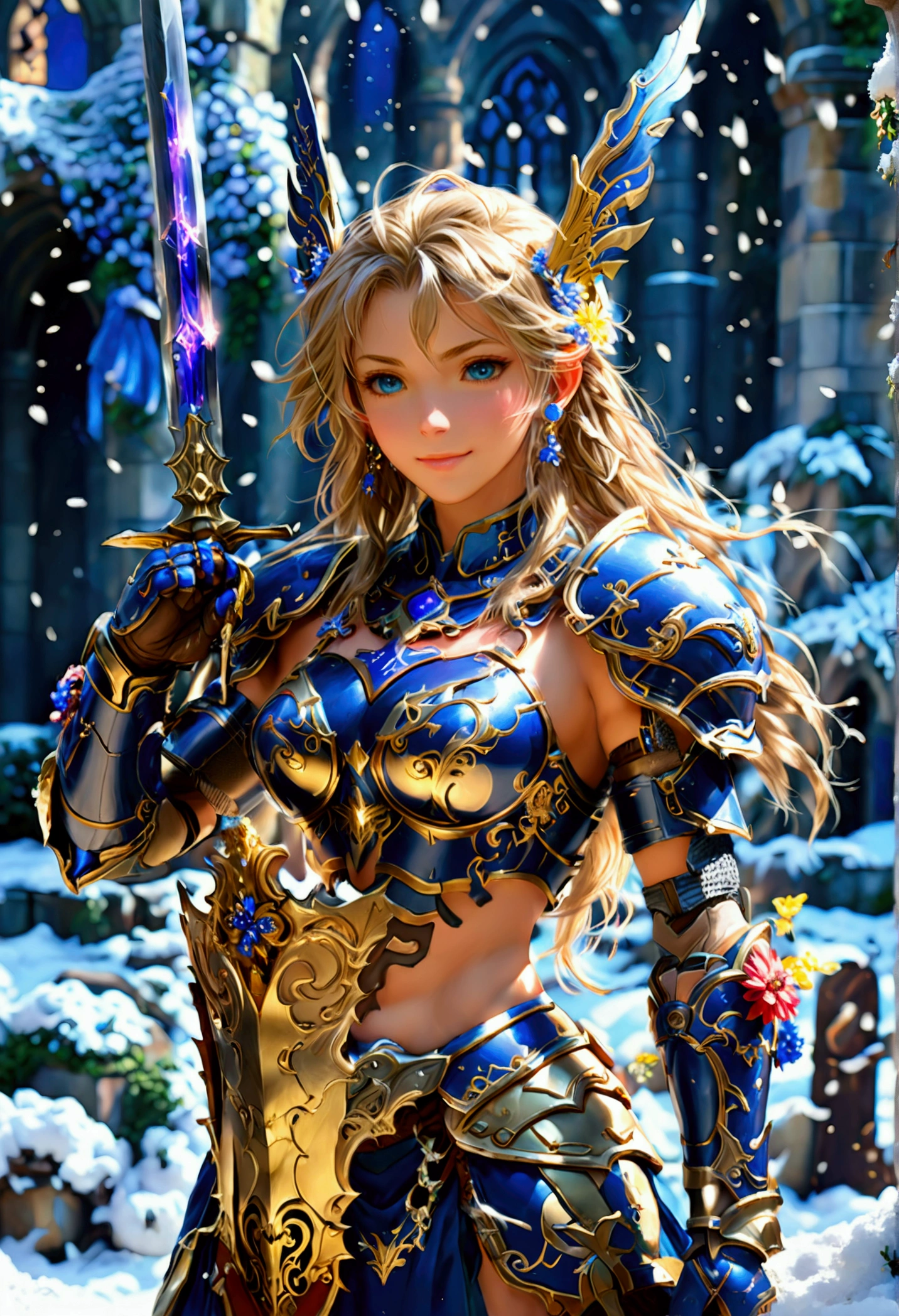 Lenneth from 'Valkyrie profile', BREAK: bright_gold_trimmed_sapphire_blue_plate mech_armor, (damaged chest armor exposing skin:1.3), glowing sword raised in victory, thigh cutout, long skirt, BREAK: standing, contrapposto stance, light smile, magical castle ruins, fluffy snow and flower petals fall, BREAK: detailed face, detailed hands, (16k, absurdres, masterpiece, best quality), fantasysword, wings