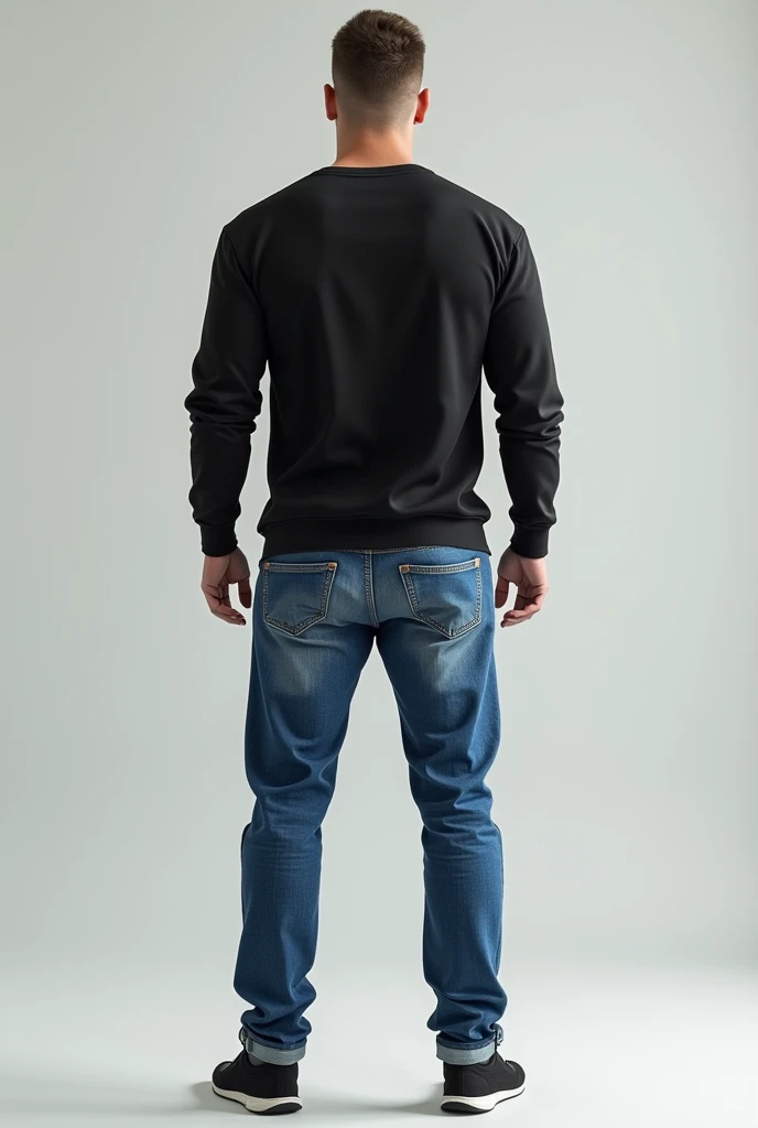 A men wears a blue and black jeans standing .create this image 8n horizantal