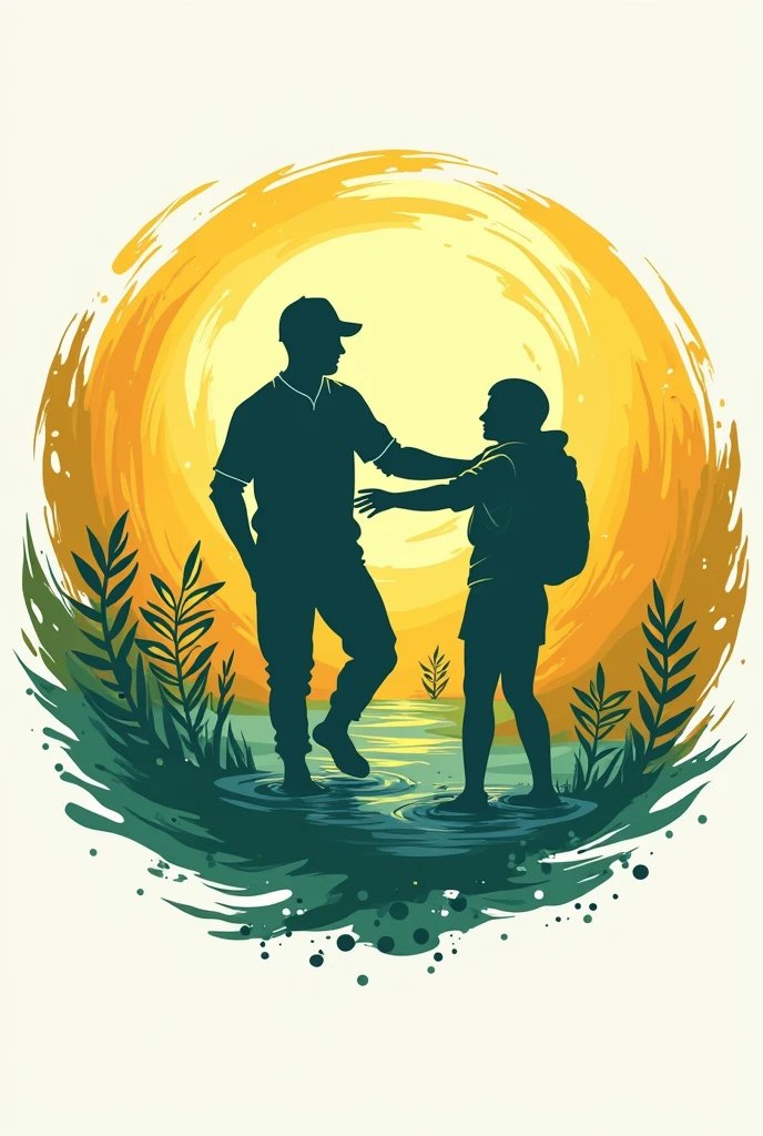 a volunteer team logo, helping theme, vector style, cercle, a volunteer help to a flood victim, theme colour should be yellow and green texture, super hd quality