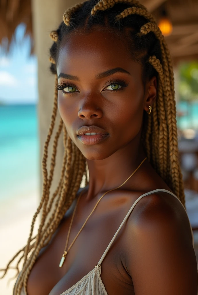 Beautiful black girl 2 with green eyes, blonde braids big breasts stands on the beach sitting in a restaurant, extremely detailed, realistic, photorealistic, high quality, 4k, 8k, masterpiece, ultra detailed and vivid colors, HDR, lighting of study. , sharp focus, physical representation. professional portrait