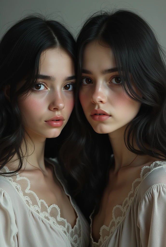 Two young  girls, one with pale skin, The other black both with dark hair and black eyes 