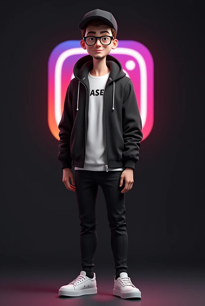 Create a 3d illustration of a character wearing black cap jacket and white t shirt black jeens and white shoes wearing specs and instgram logo  in background have small beared and it should look like real not like cartoon add specs and make tha background dark 