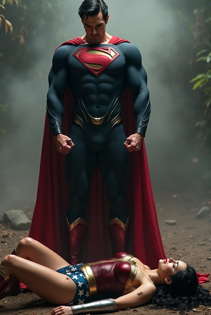 Superman standing with bloody fists and black suite and glowing red eyes, A toned athlete, muscular, blue eyes, black hair Wonder Woman in Wonder Woman’s tiara, red and gold bustier, blue leotard with white stars, ((silver wrist bracelets:1.2)), ((Red knee high boots:1.2)), golden belt with athletic and muscular body laying on the ground unconscious covered in sweat with tattered costumes.