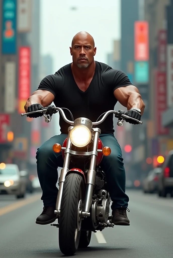 Dwayne Johnson riding a mini bike