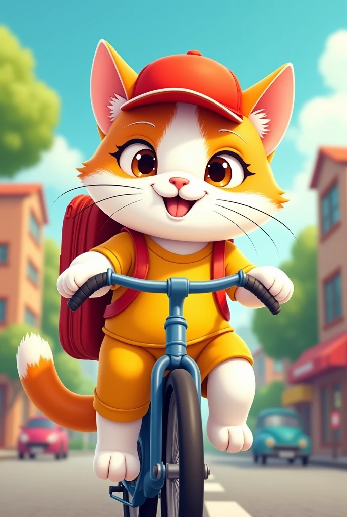 Create a cartoon-style image of a white and orange cat riding a bicycle and dressed in a food delivery outfit