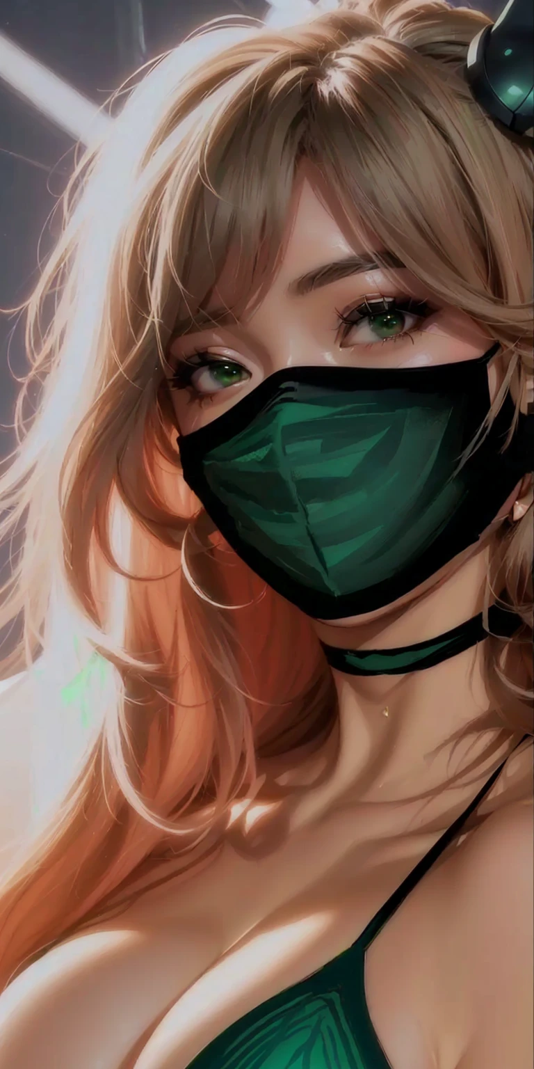 there is a woman wearing a mask and a green bra, painted in anime painter studio, made with anime painter studio, low detailed. digital painting, # 1 digital painting of all time, #1 digital painting of all time, realistic artstyle, unknown artstyle, 🤤 girl portrait, 8k digital painting, inspired by rossdraws