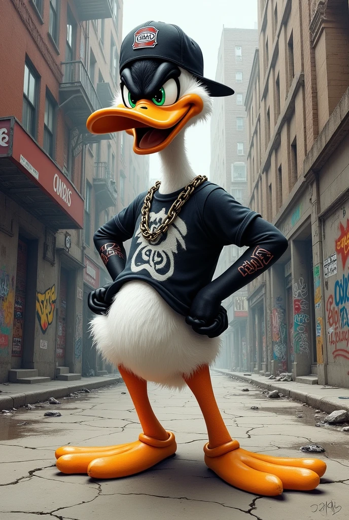 Daffy Duck complete realistic urban drawing with backwards cap, chain and tattoos
