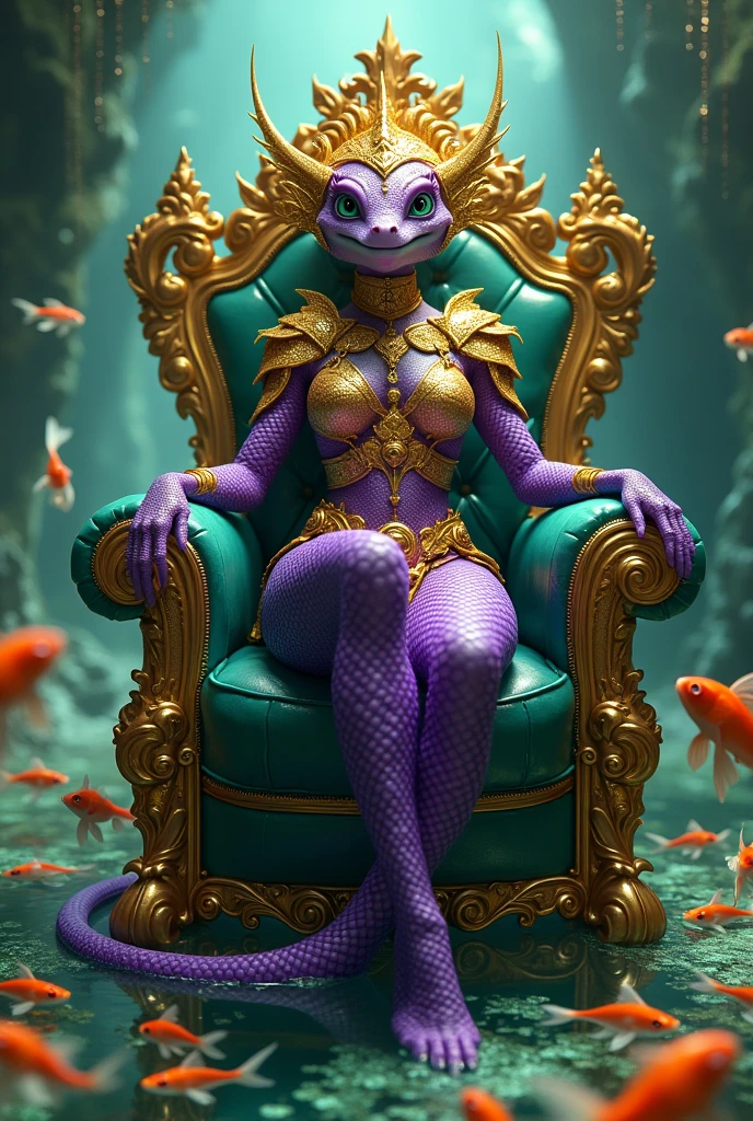 A throne made of emerald crystal tips and gold accent. Sitting on it is a female reptilian wearing a spiked purple crystal crown and gold accessories. The blue-eyed reptilian, has black scales and a slender, elegant body.