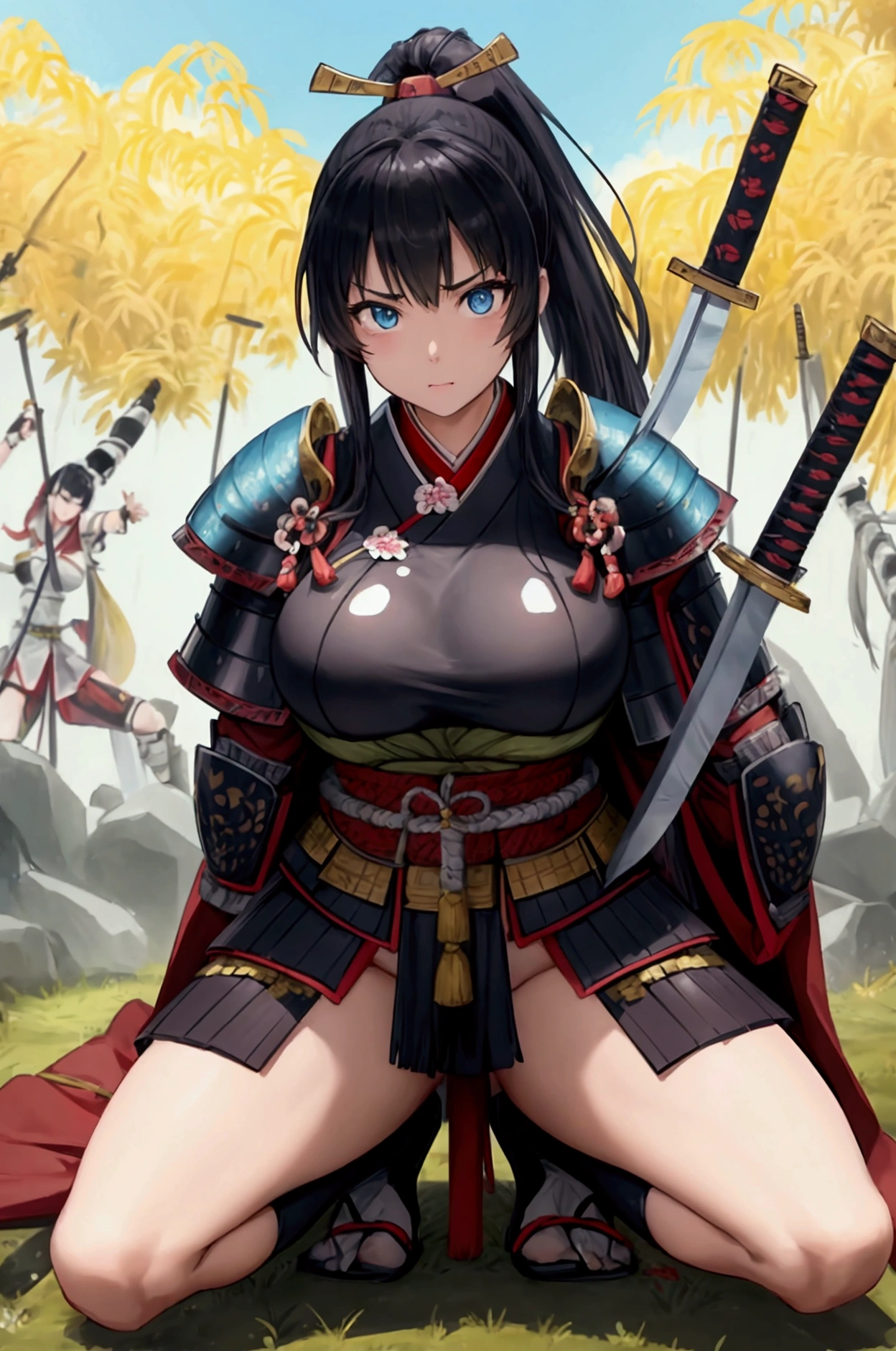 (Black Hair)、(ponytail)、(defeat)、(Japanese women)、((Holding a Japanese sword))、(Female warrior)、(Old Japanese Armor)、(Glaring with sharp eyes)、((Super big breasts)),、(battlefield)、(Outdoor)、(Plains)、(Many people々々々々々々々々々々々々)、(sunny)、(blue sky)、(Best lighting)、{{{Browsing Caution}}}、{{{masterpiece}}}, {{{Highest quality}}}, {{ultra-detailed}}, {{shape}}, {{{Very delicate and beautiful}}},{{extremely detailed CG}}、{{unity 8k portrait}}、{{Fabric Shading}}、{{super detailed skin}}、{{Perfect Anatomy}}、{{detailed}}、{{Dynamic Lighting}}、{{{beautiful detailed eyes}}}、{{{beautiful detailed Face}}}、(Perfect Legs)、(Perfect breasts)、(Perfect pose)、(Perfect body)