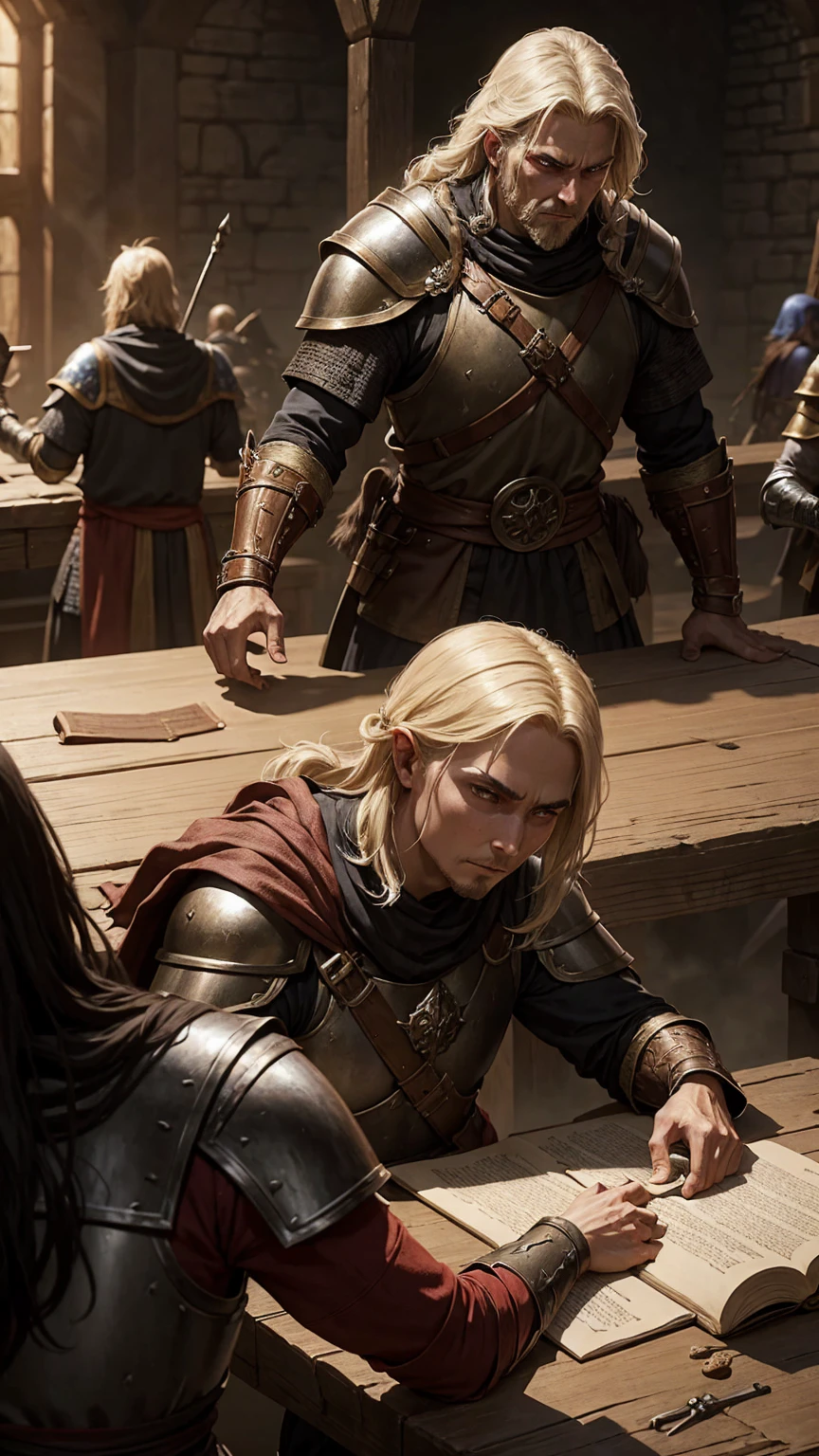 battle of warriors in medieval fantasy tabletop rpg in dark fantasy style
