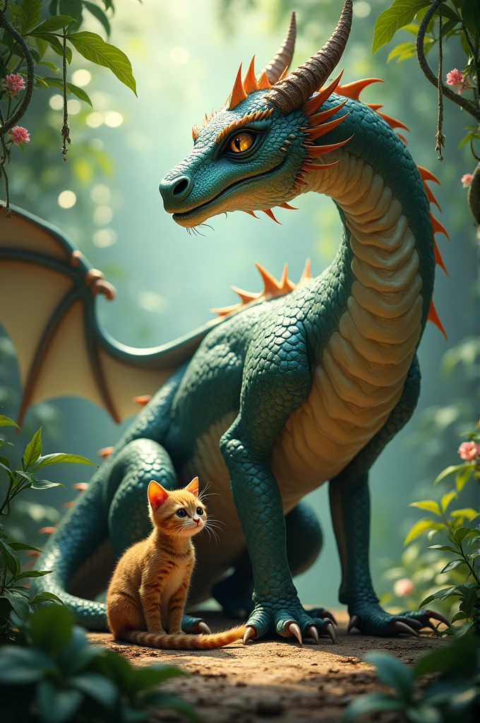 A dragon with a cat in a jungle