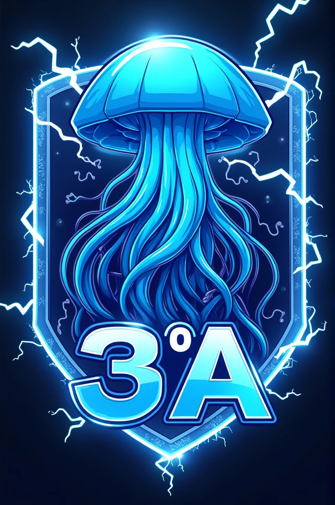 Imagine a school games shield where the mascot is an aggressive looking jellyfish, central and dominant, in shades of intense blue with deep purple details. Jellyfish must have long, sinuous tentacles, that extend in several directions, each one charged with electricity, with vibrating electric rays radiating from its filaments. The jellyfish's eyes should have a piercing glow, conveying a sense of power and threat. Add purple accents to highlight areas of high intensity, like the edges of the tentacles and the electric sparks, creating a dramatic contrast with the dominant blue. O texto "3°A" must be integrated into the shield, in a font that complements the feeling of dynamism and energy, without diverting attention from the aggressive electric mascot.