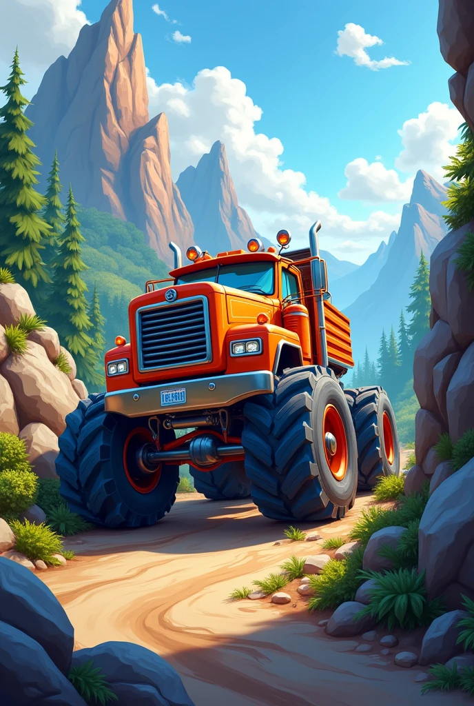 Pls make a heavy loaded truck on mountain rood like made on canva make it cartoonish like you made last one pls give the last one