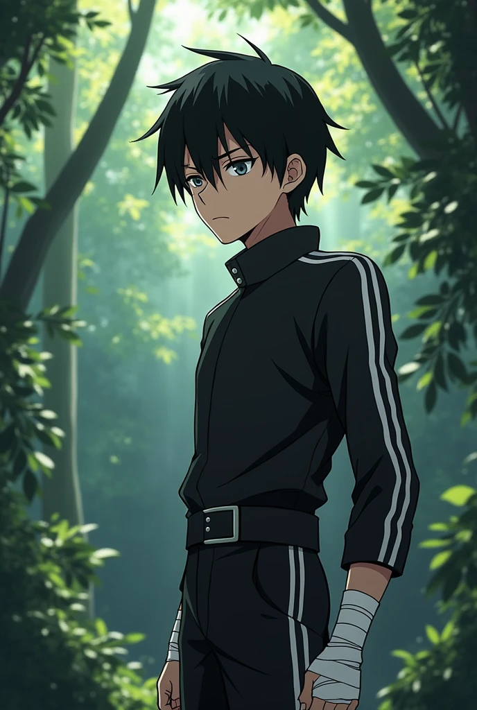 Young character of anime man with black hair and black eyes, serious with black clothes with white stripes and in a forest with bandages in his hands observing a full body suit
