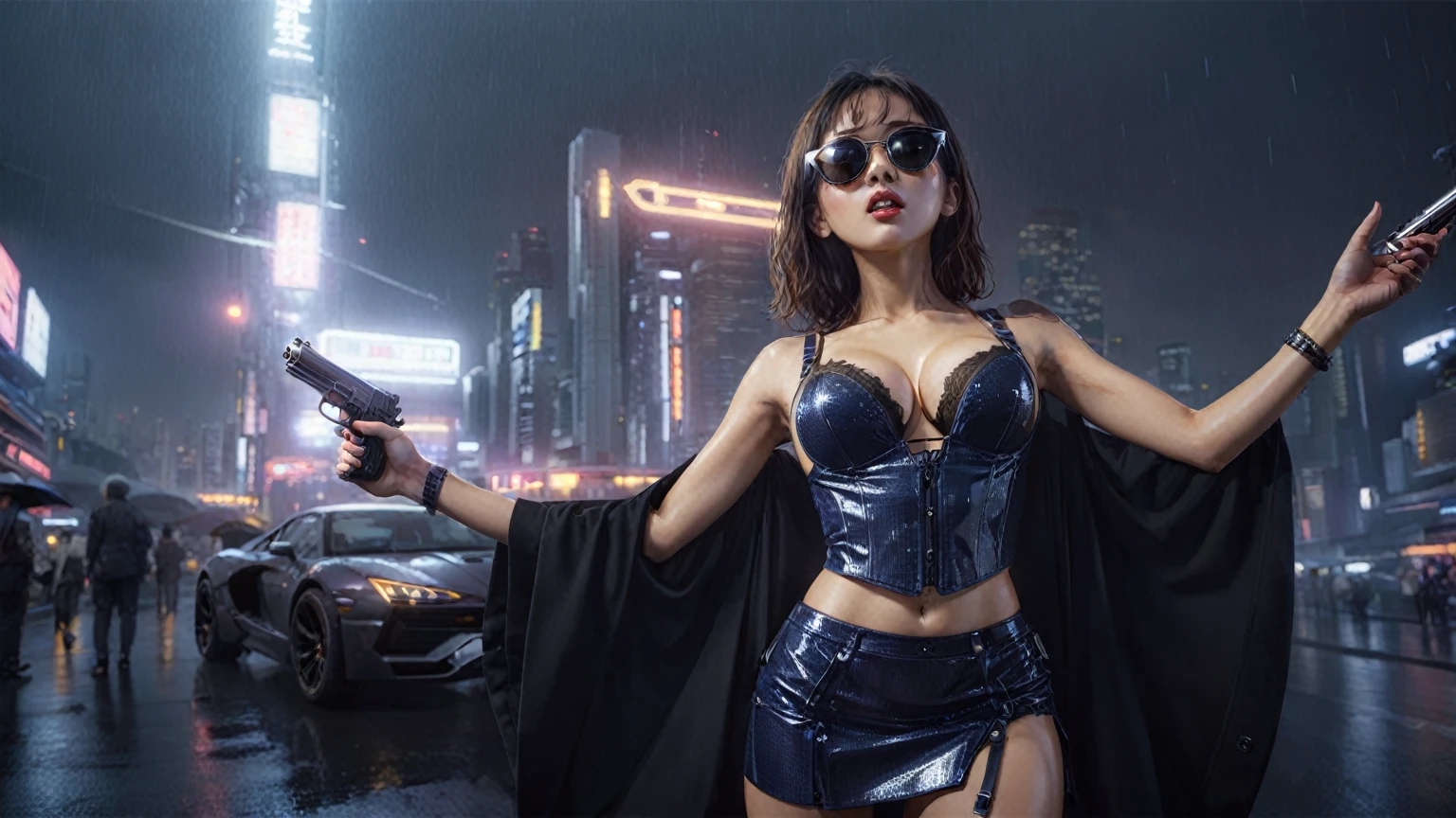 Blade Runner style futuristic Tokyo city, flying cars, neon lights, rainy night. (1girl, solo, alone), large-breast:1.2 slim:0.9 body, oval:0.8 face, cleavage:1.1, sexy laced lingerie, low angle view of miniskirt, jacket, (black micro sunglasses), (holding a short gun), half-body thigh level medium shot, cinematic lighting, ray tracing.