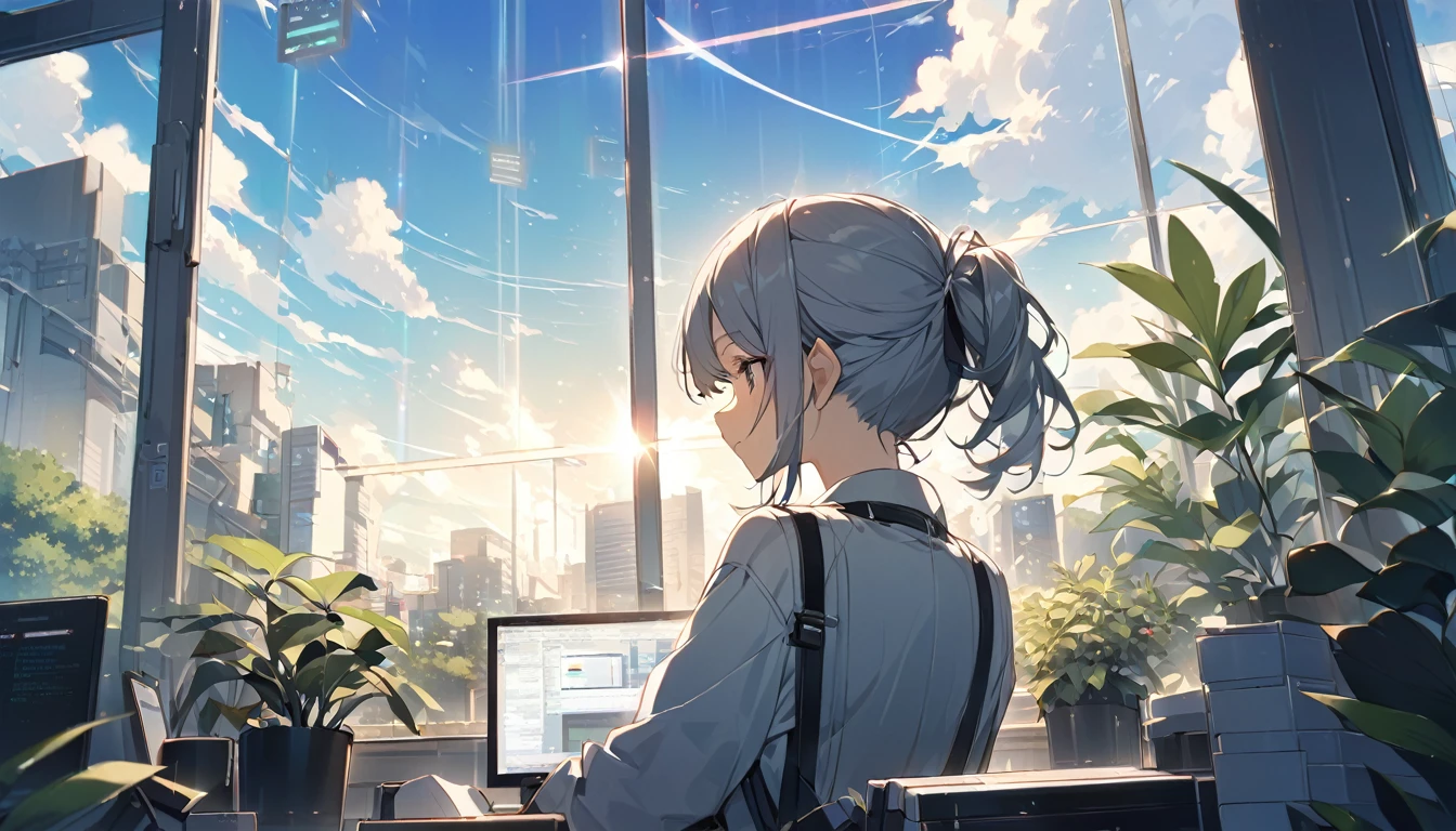 Beautiful office、Woman from behind、programming、bright、Sharp light source、Foliage plant、noon、Good weather、Clear skies