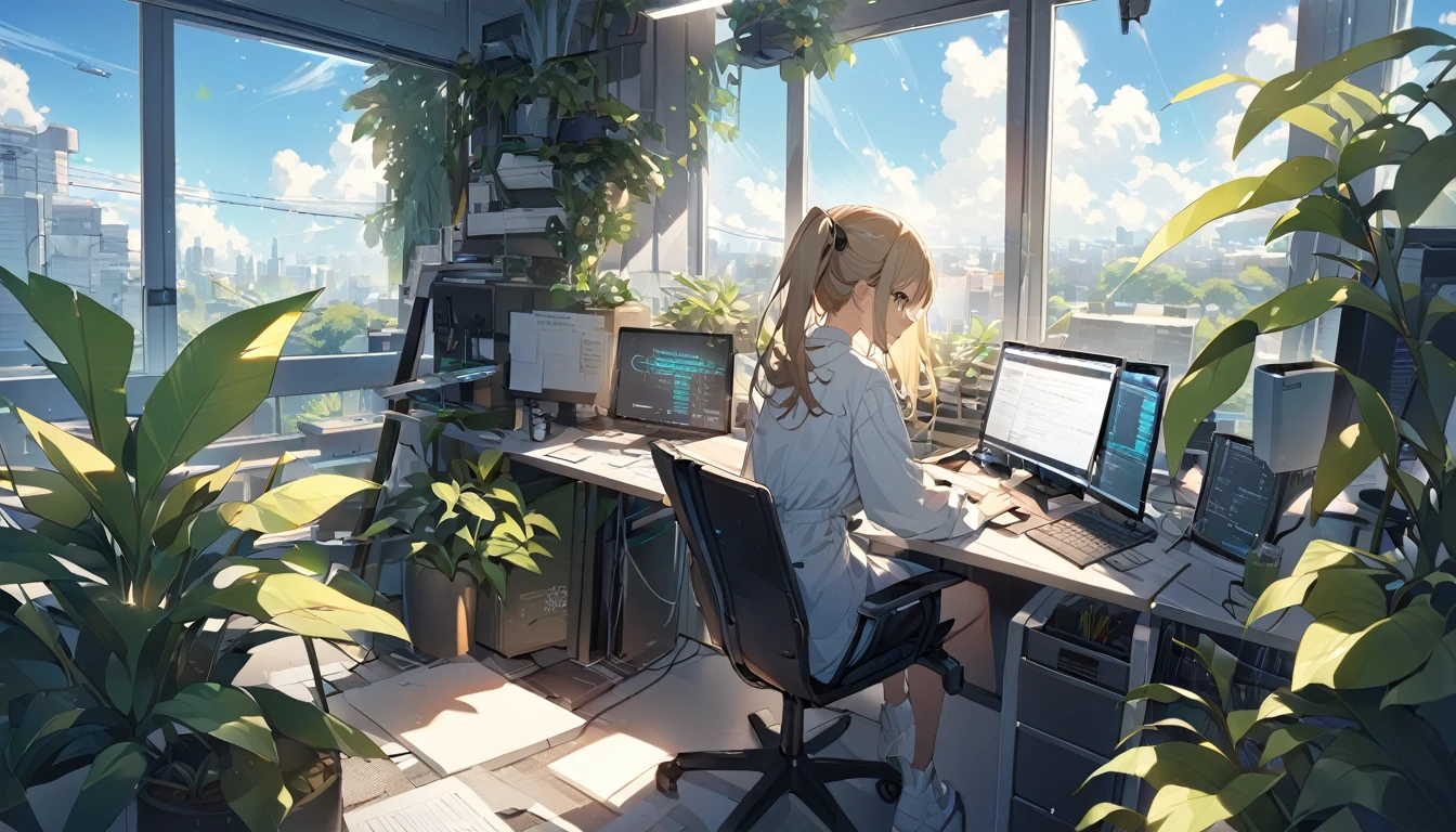 Beautiful office、Woman from behind、programming、bright、Sharp light source、Foliage plant、noon、Good weather、Clear skies